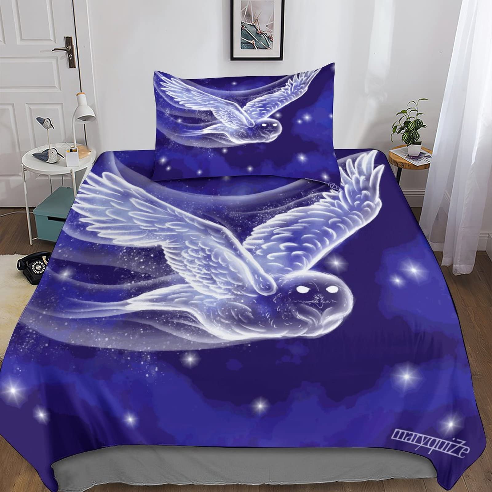 Housse de couette hibou 3D parure lit simple 135x200 microfibre anti-décoloration