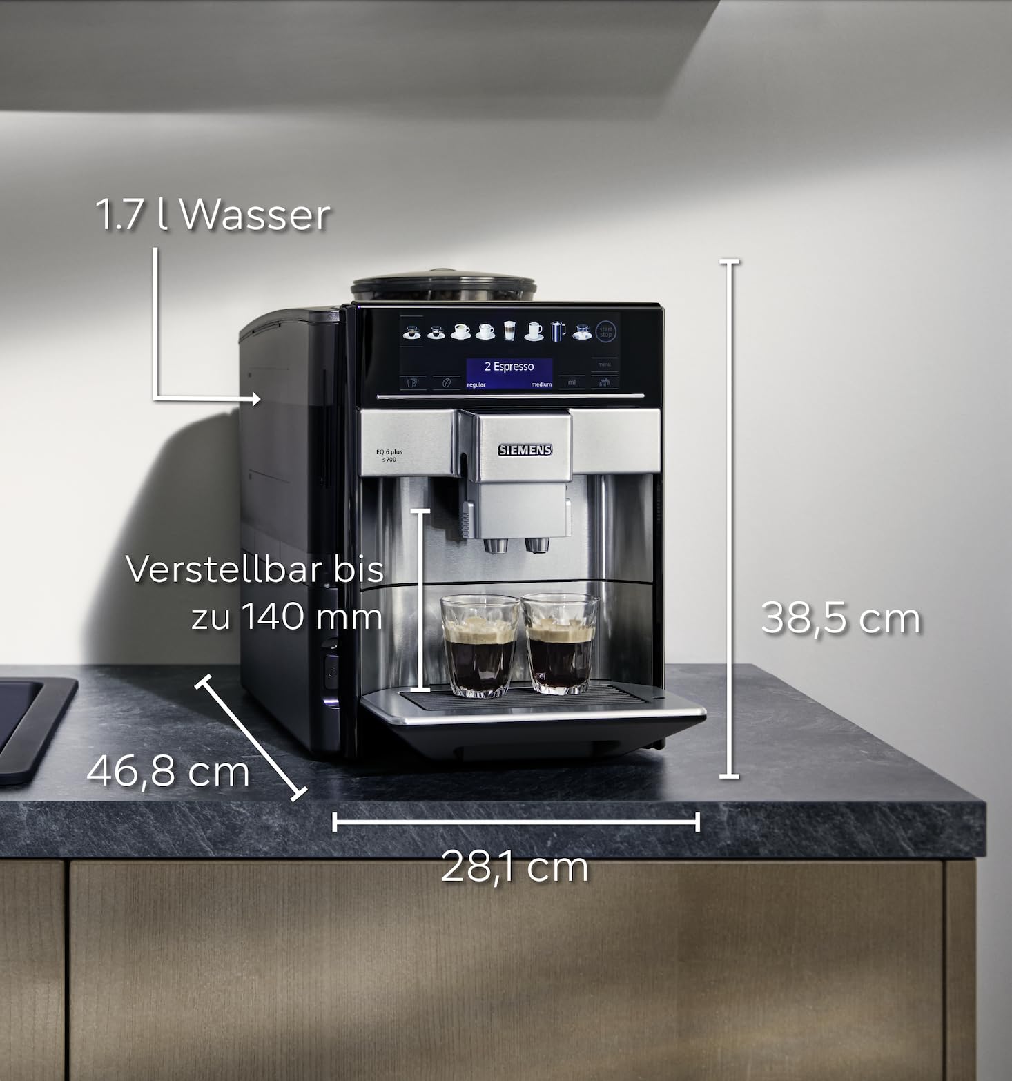 Siemens EQ6 plus s700 Kaffeevollautomat, Milchsystem, 12 Getränke, Keramikmahlwerk, Touchdisplay, Edelstahl