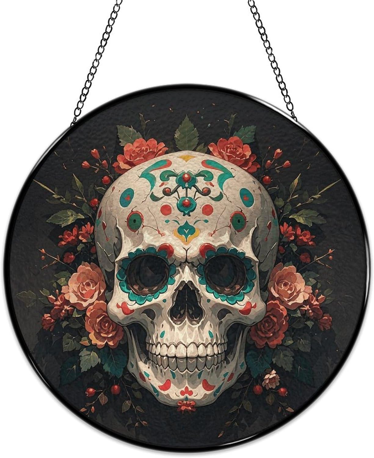 Stained Glass Window Hanging 30x30cm Window Suncatcher Glass Panel with Metal Chain Amazing Skull and BonesSun Catchers Wall Art Home Decor Gift for Women Mother's Day