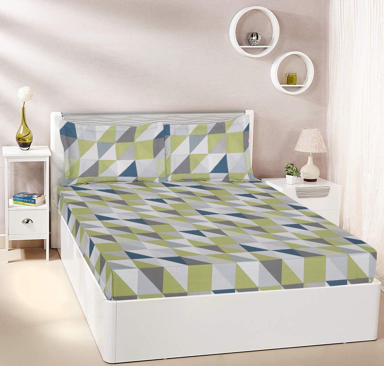 Amazon Brand - Solimo Cosy Reverie 140 TC 100% Cotton Double Bedsheet with 2 Pillow Covers, Soft and Smooth (Abstract, Grey and Green)