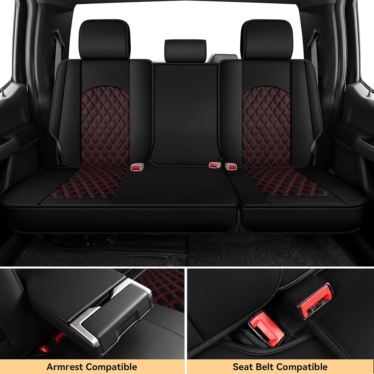 Dodge Ram Seat Covers, Waterproof Leather Ram Seat Cover Compatible with 2009-2026 RAM 1500 2500 3500 Truck Pickup Crew Cab Quad Cab (Black Red, Full Set (Flat Back))