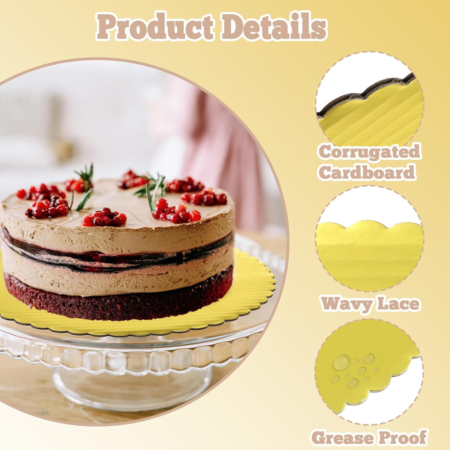 50 Pcs Gold Cake Boards 12 inch Round with Scalloped Edge Disposable Cake Base Cardboard Circles for Wedding, Birthday, Christmas Pizza Display