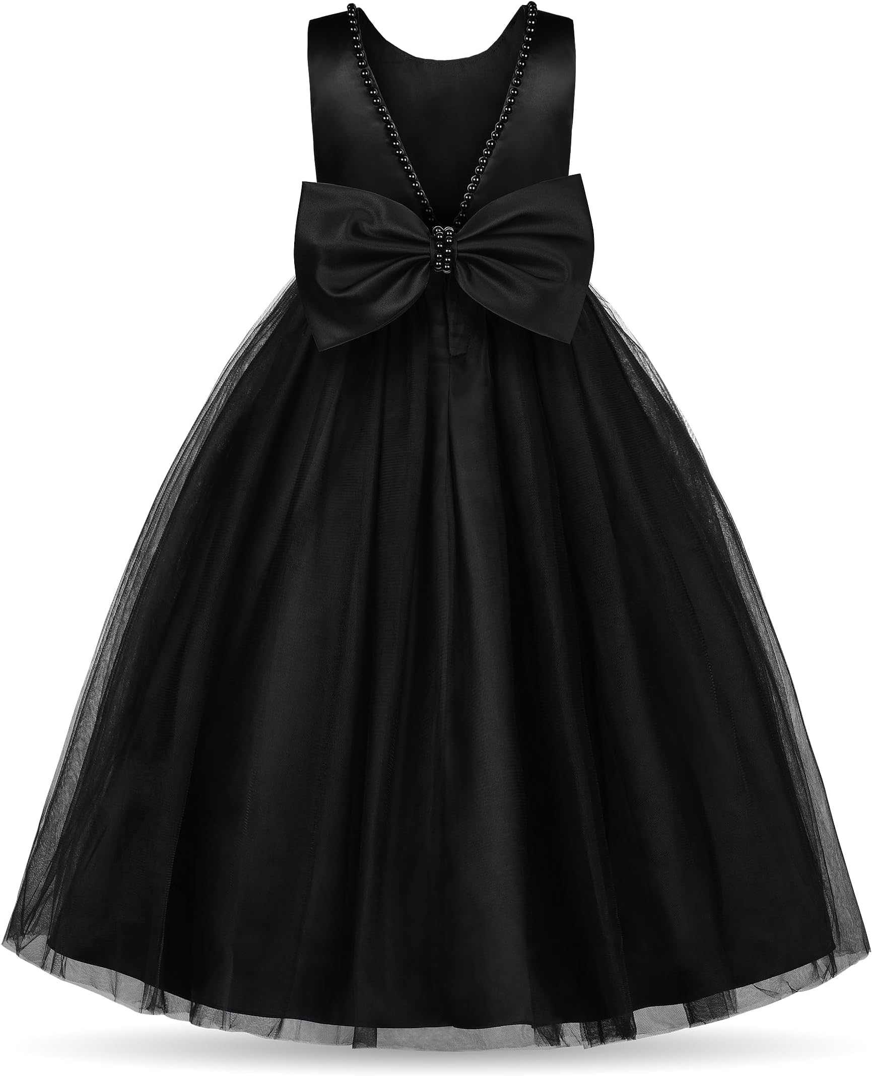 Flower Girl Pearls Dress V-Back Tulle Ball Gown Satin Prom with Bow-Knot for Wedding Pageant Birthday Party