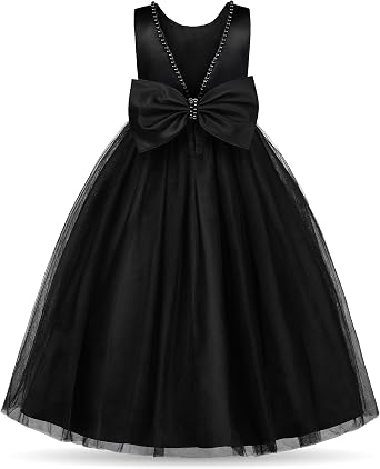 Uhnice Flower Girl Pearls Dress V-Back Tulle Ball Gown Satin Prom with Bow-Knot for Wedding Pageant Birthday Party