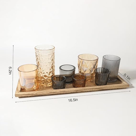 Rustic Wooden Tray with 8 Brown Glass Votive Candle Holders