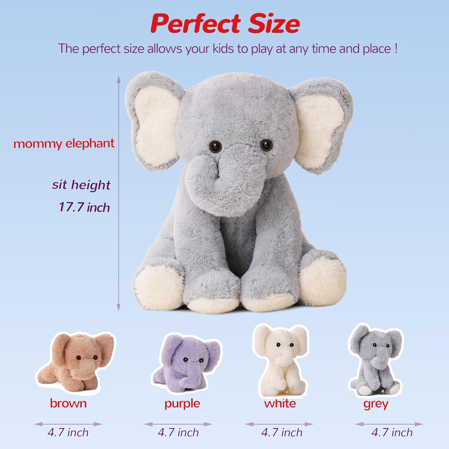 5 Pieces Elephant Stuffed Animals for Girls, 1 Mommy Elephant with 4 Babies Soft Plush Set Toys Gifts for Kids Children 3 4 5 6 7 8 9 Years, Christmas, Birthday, Children's Day