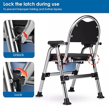 Commode Toilet Chair, Adjustable Folding Portable Bedside Commode with Padded Seat, Removable Toilet Bucket Anti Slip Base, Heavy Duty Steel Frame Holds Up to 200kg, Suitable for Seniors and Disabled