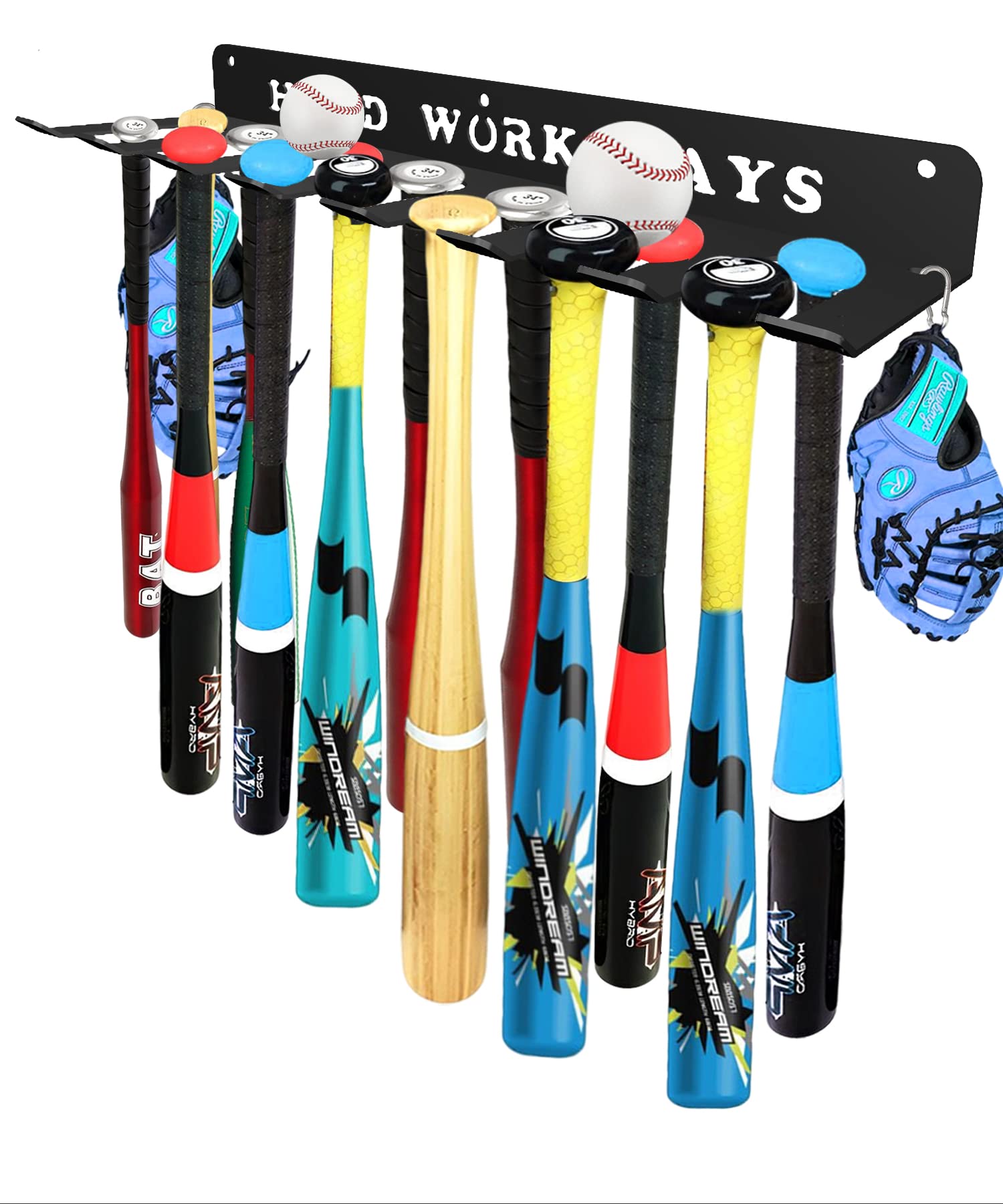 Baseball Softball Bat-Caddy Rack Hanger Organizer Equipment for Storage Hanging Bat Rack Baseball Wall Mount Fence Holds 14 Bats Metal Sports Hook Classic Carabiners Included Hard Work Pays