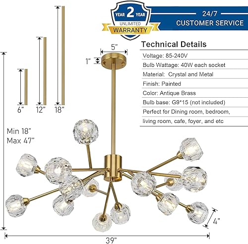 Miniatura 3 de Sputnik Candelabros para lámparas de comedor, modernos candelabros de cristal para sala de estar, 15 luces doradas, contemporáneas de latón de