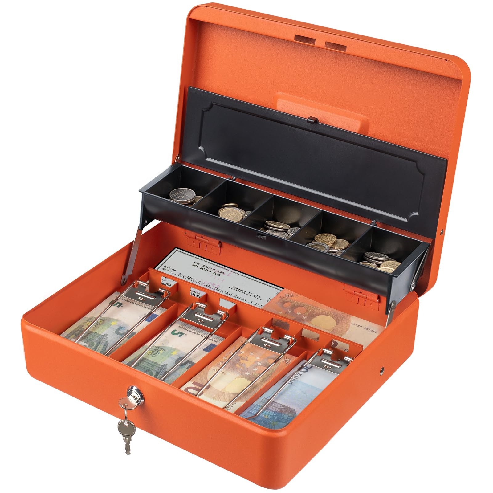 Tera Cajón Cajonera para monedas y billetes Apertura manual y automática, 4 compartimentos para billetes y 5 monedas, 30 x 24 cm, POS Restaurant Supermercado, KL380-OG