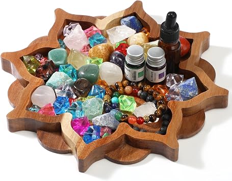 Vesici Lotus Crystal Tray for Stones Crystals and Healing Stones Flower Wooden Crystal Storage Holder Tray Lotus Shape Decorative Jewelry Display Trays Organizer Bowl DecorElegant