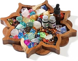 Lotus Crystal Tray for Stones Crystals and Healing Stones Flower Wooden Crystal Storage Holder Tray Lotus Shape Decorative Display Trays Crystal Organizer Bowl for Jewelry Stones Decor (Elegant)