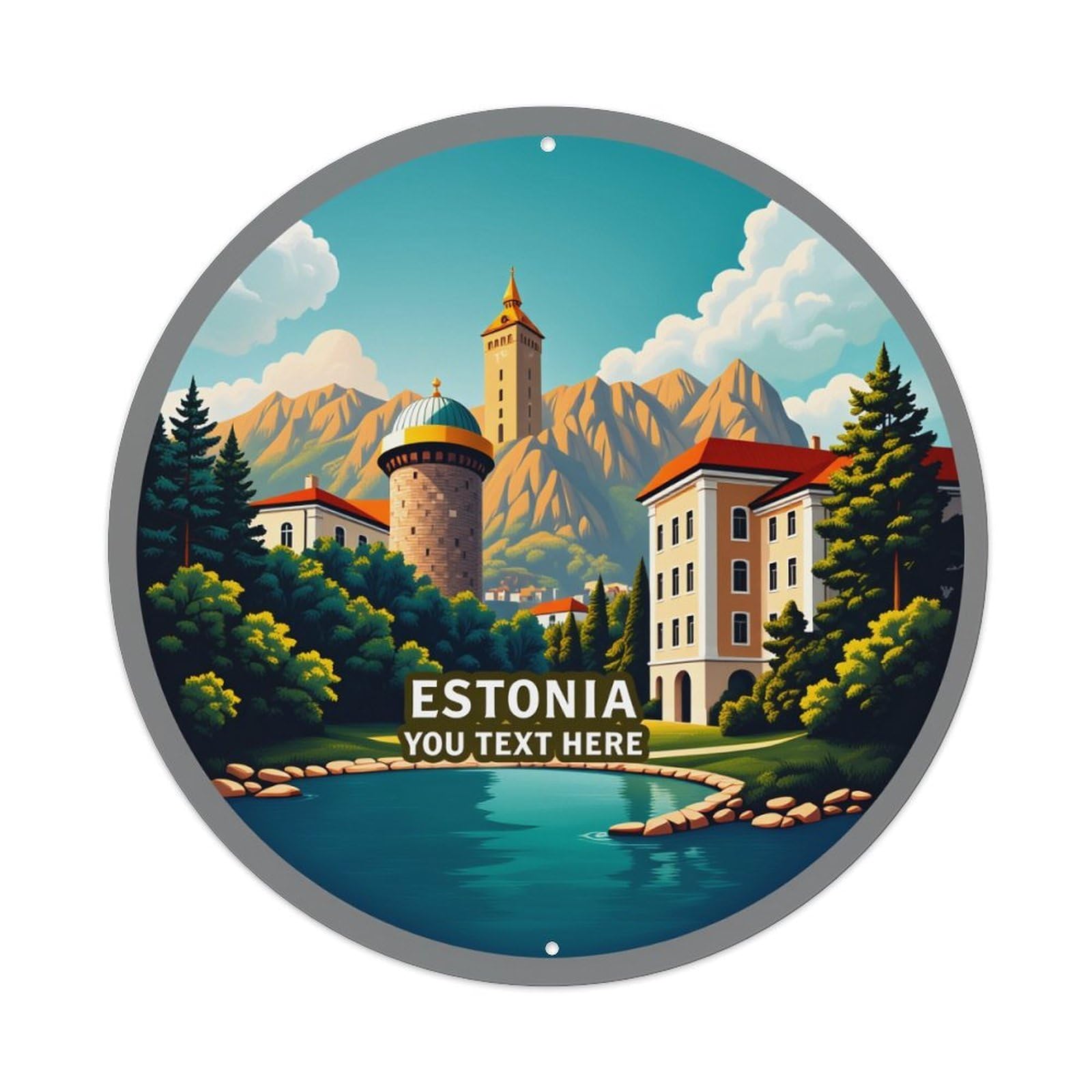 Estonian Landscape Castle Mountains Lake Metal Tin Sign Vintage Garden Bedroom Cafe Bar Man Cave Home Wall Decor Metal Poster 8x8 inches
