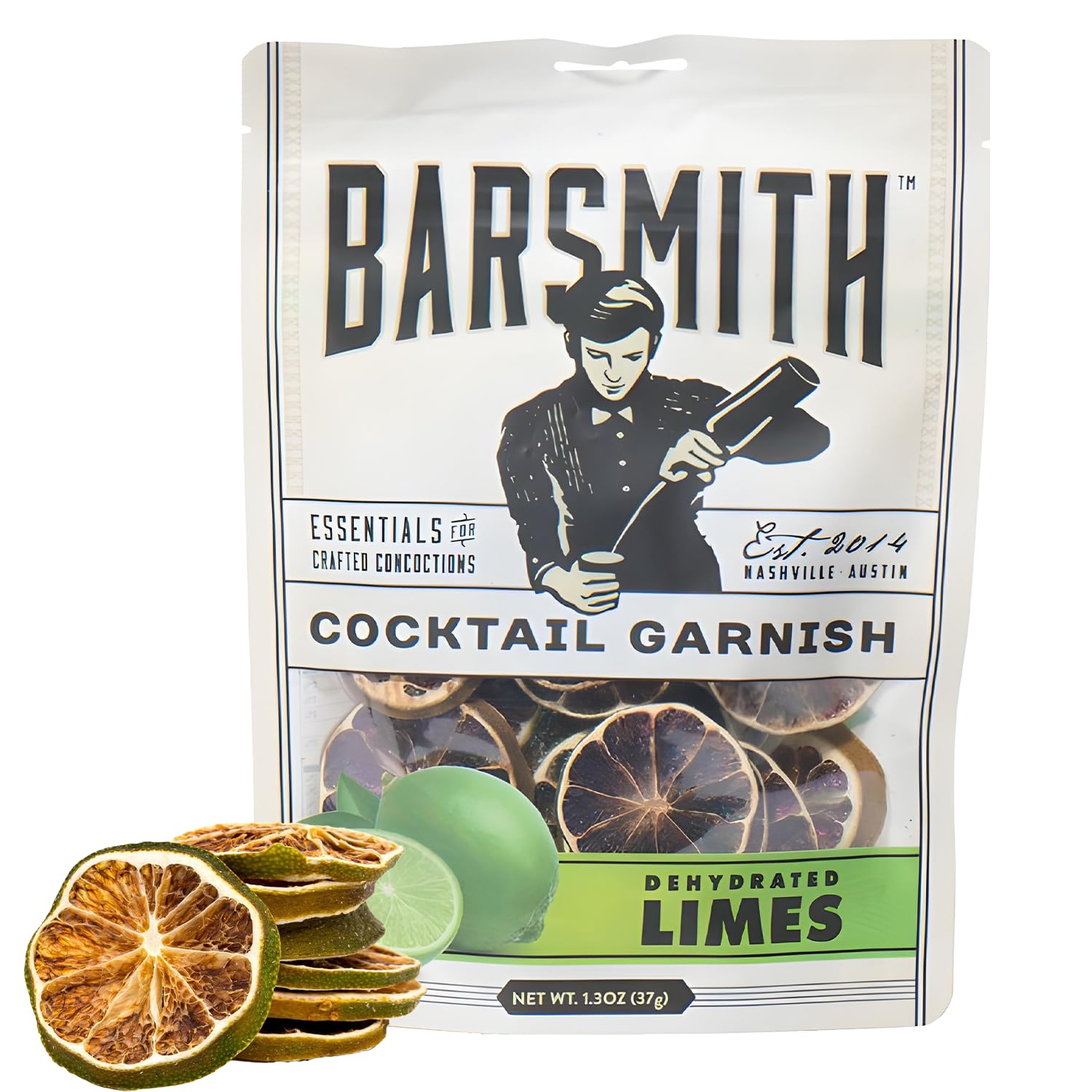 Barsmith Dehydrated Lime Slices - 100% Real Dried Limes - No Sugars or Preservatives - Convenient & Long-Lasting Cocktail Garnish for Mocktails, Margaritas & Sparkling Water - 1.3oz (Pack of 1)
