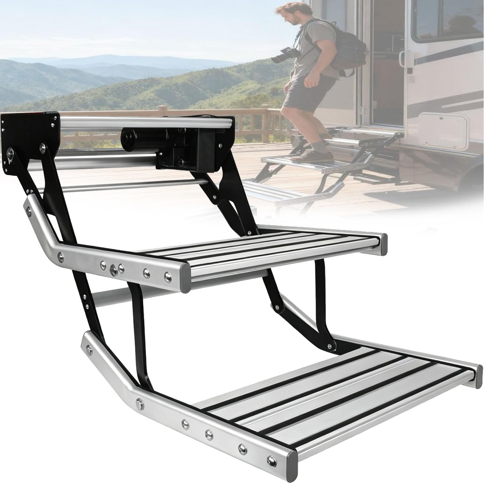 BITYCOW Automatic Drop Down RV Entrance Step, Single/Double Layer Foldable Aluminum Alloy Step with Light Bar, Non-Slip Design, 440 lbs Weight Limit for Motorhome Camper Van Doublelayerpedal