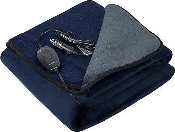 Machine Washable Electric Heated Blanket,12Volt Car Travel Blanket with Hi/M/Lo Heating 30/45/60 mins Auto-Off Timer,Warm for Truck/SUV/Van Driving55.1"x39.4"Navy Blue and Grey