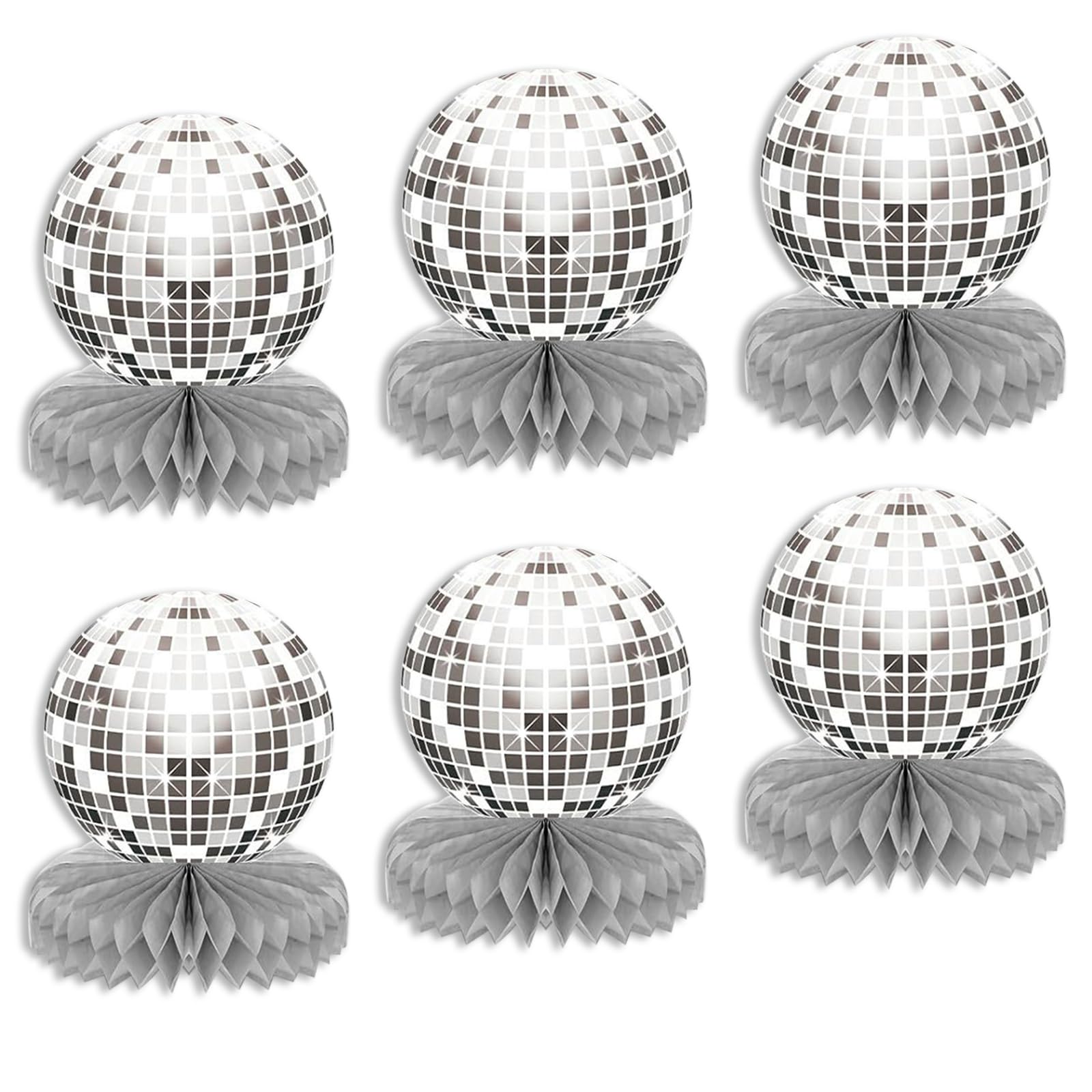 1 Set of 6 Disco Themed Honeycomb Birthday Party Glitter Paper Ball Desktop Retro Maniac 70s, 80s, 90s Decorations(Silvery）