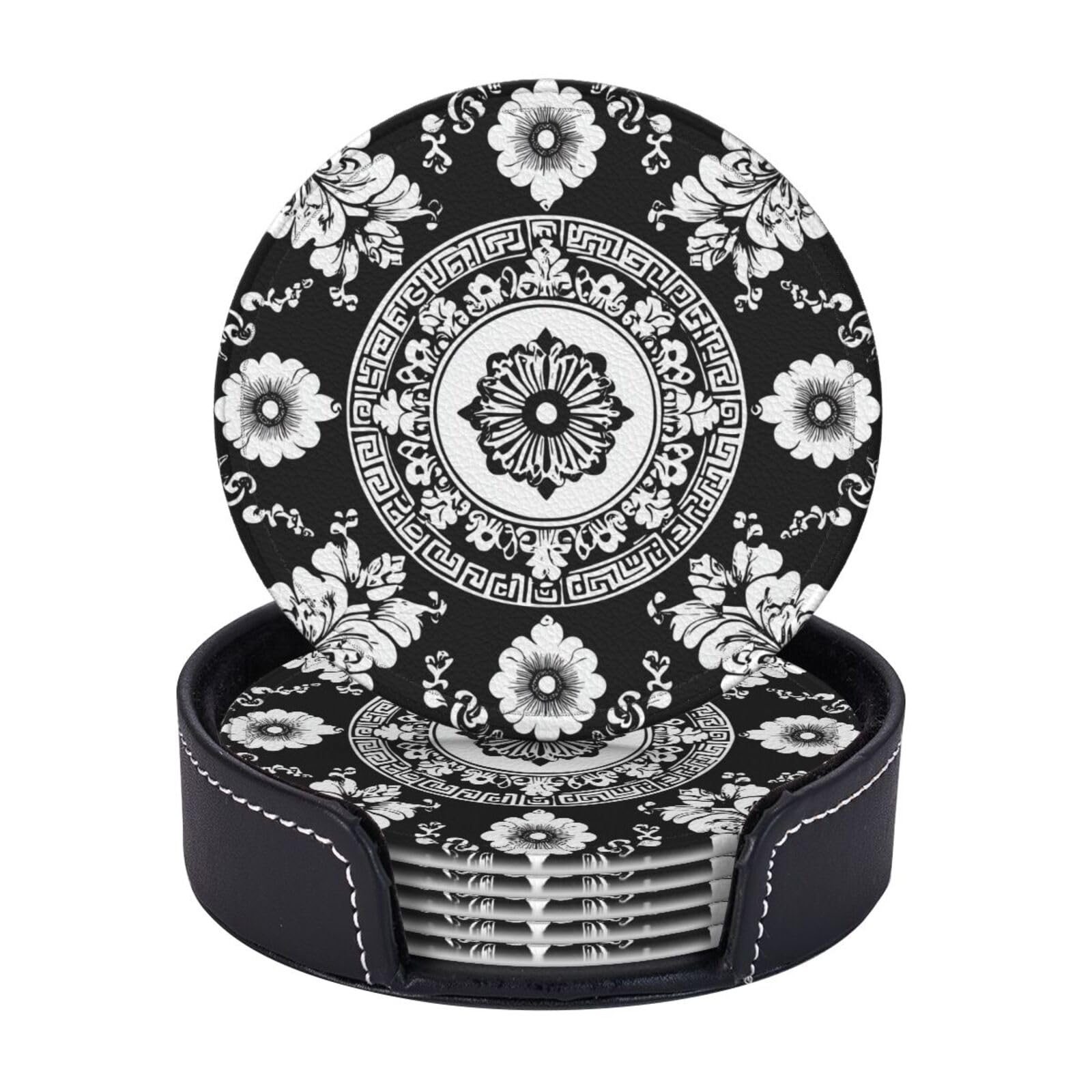 6 Pack Southwest Tribal Leather Coasters for Drinks with Holder Vintage Ethnic Floral Aztec Navajo Coasters Drink Table Cup Mat for Kitchen Dining Cafe Decor Round
