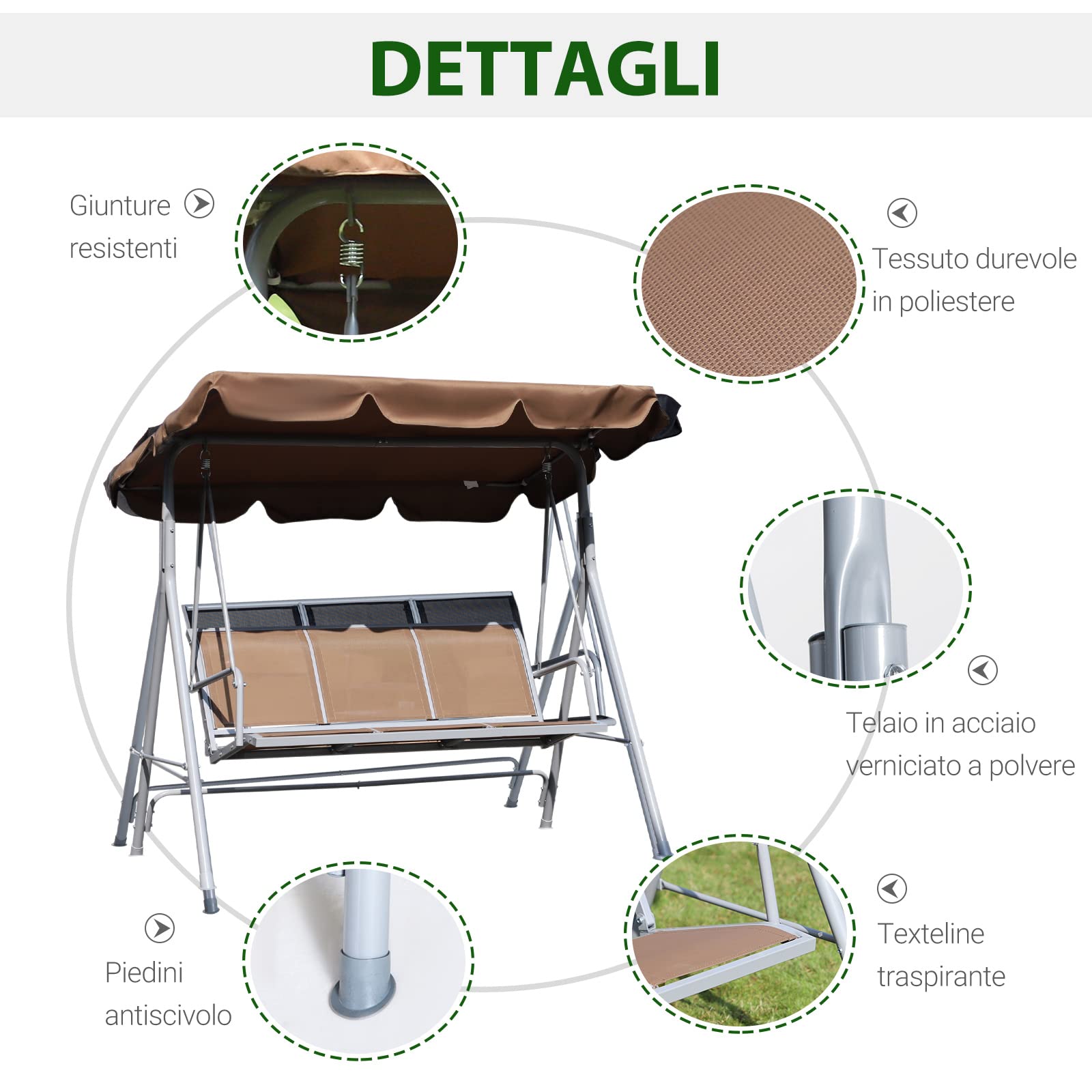 Dondolo Da Giardino 3 Posti Con Tetto Regolabile | In Metallo E Tessuto, 172x110x154 Cm, Nero