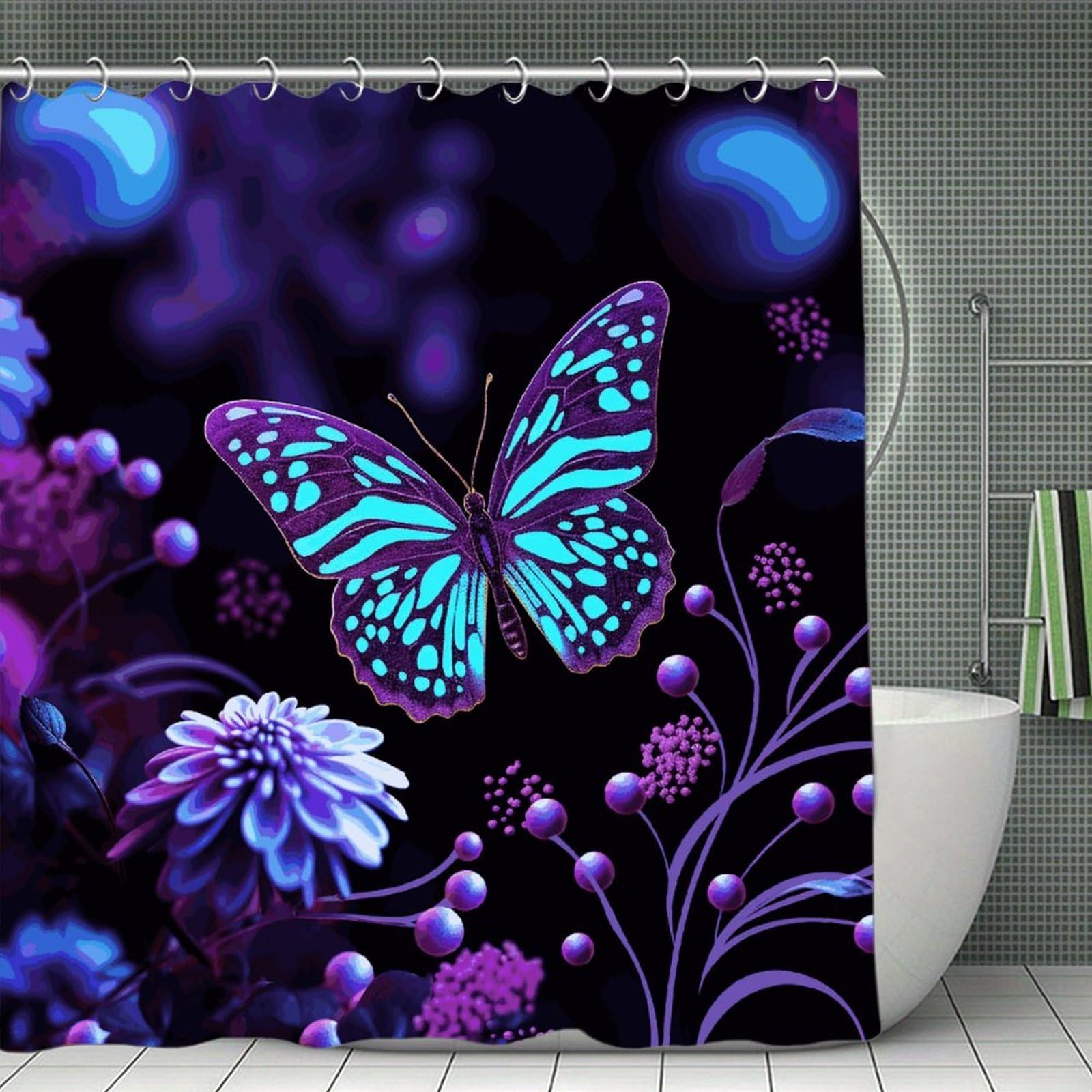 FekiLoot Purple Butterfly and Flowers Shower Curtain Minimalist Thick Bathroom Curtain Washable Modern Bathroom Shower Curtain Heavy Duty Waterproof Cloth Bath Curtain with Hooks 70.8"x70.8"