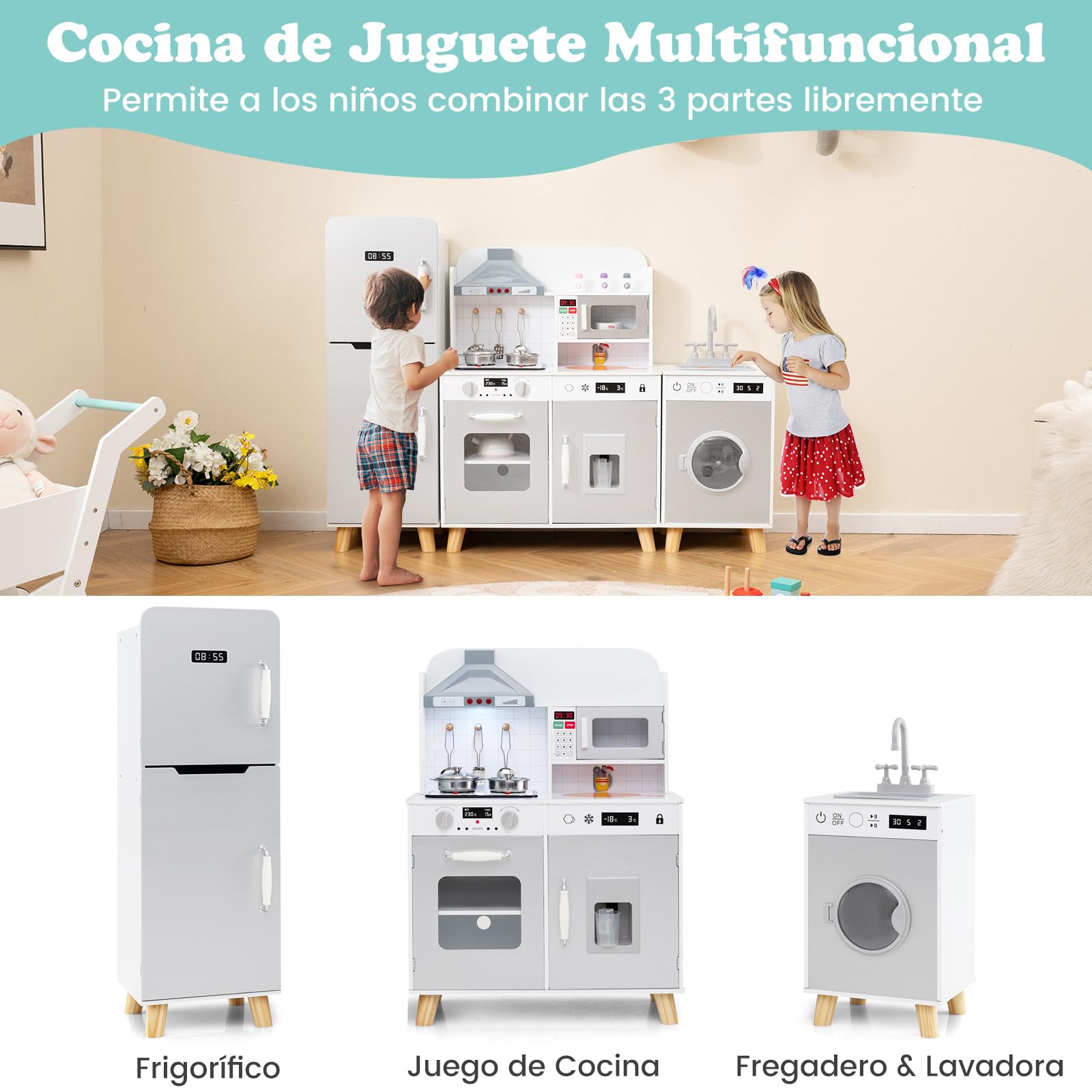 COSTWAY Cocina Juguete Infantil, Cocinita de Madera Infantil 3 en 1 con Refrigerador, Lavadora, Máquina de Hielo, Estufa, Fregadero, Horno, Microondas, Cocina Juguete con Luces y Sonidos (Gris)
