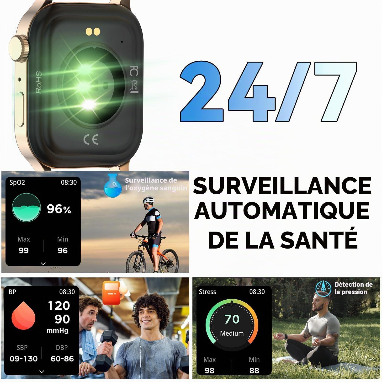 Montre Connectée Homme Femme, avec 2 Bracelets Réglables, la Fonction D'appel et L'assistant Vocal, 100+ Modes Sportifs, Smartwatch, Compatible avec Android et iOS, Dorée