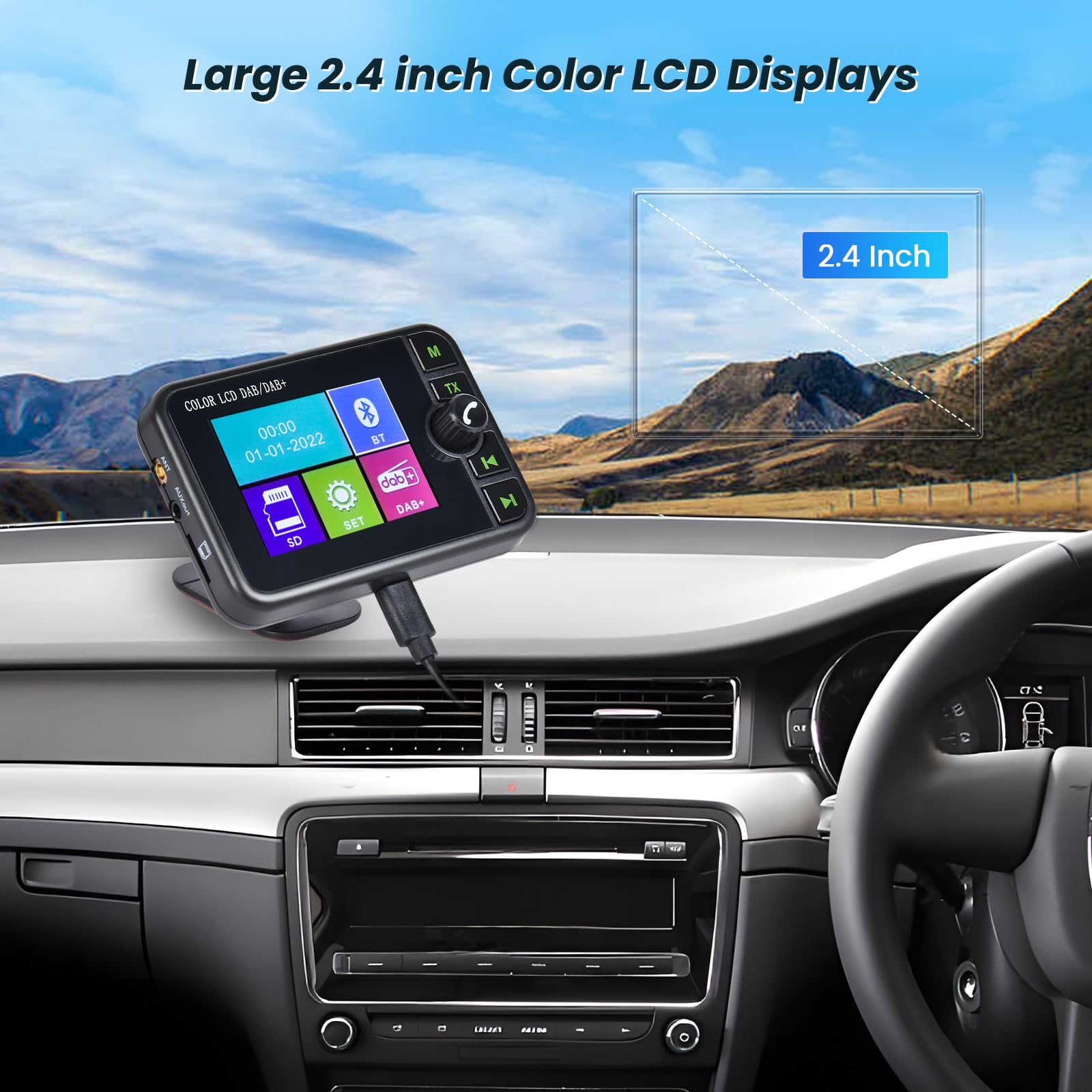 DAB Adapter für Autoradio 2,4'' LCD Tragbares DAB+ Autoradio Adapter mit FM Audio Transmitter, Bluetooth Freisprecheinrichtung, Bluetooth Musik, AUX In&Out, Unterstützung TF Karte