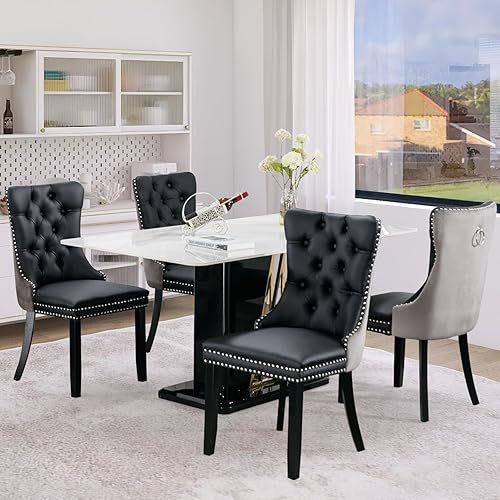 Miniatura 120 de Juego de 6 sillas de comedor de terciopelo, sillas de comedor tapizadas acolchadas con ribete de tachuelas y patas de madera maciza para cocina,