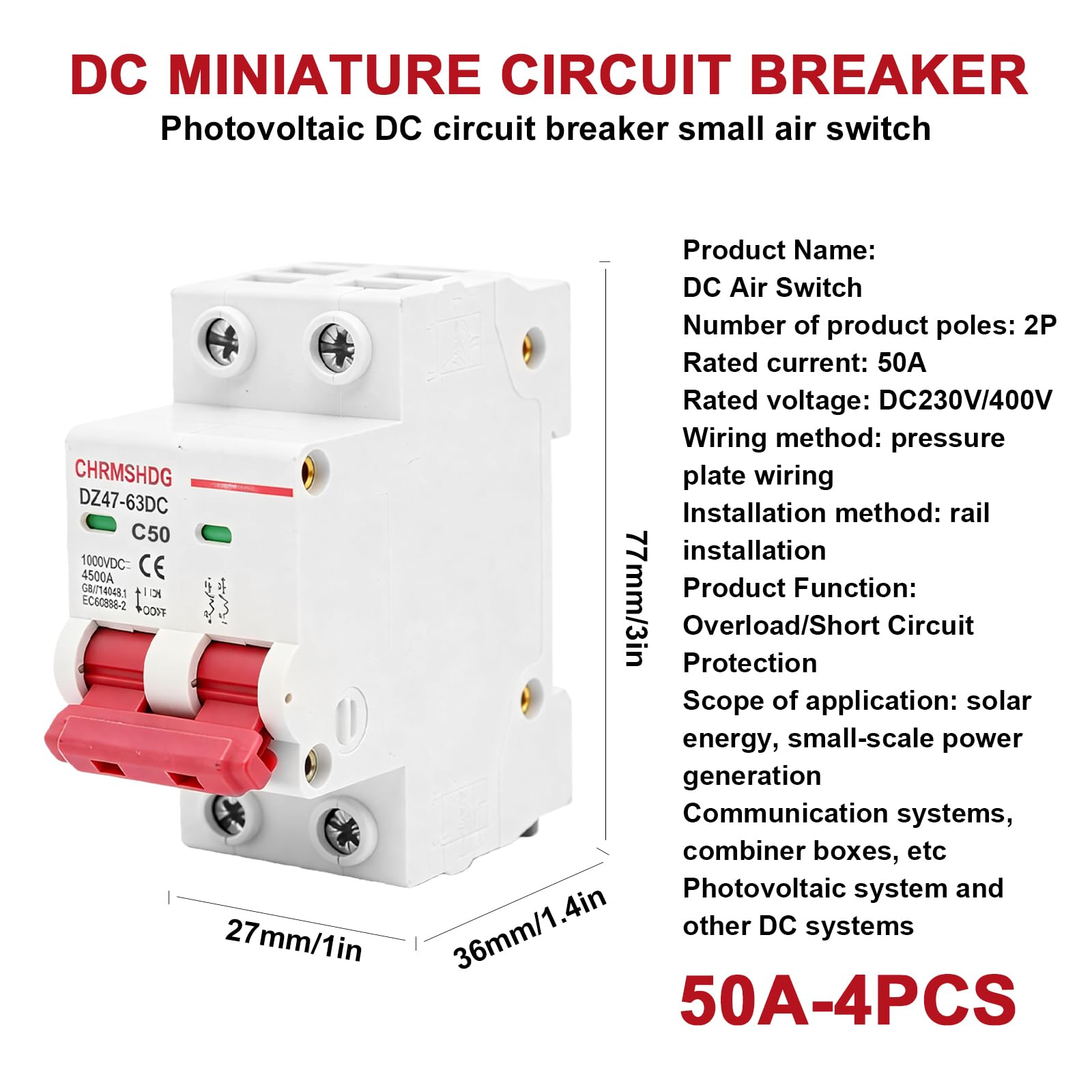 4 Stück PV Sicherungsautomat, DC Leitungsschutzschalter 50A, 1000V DZ47-63Z-2P DC Trennschalter, DC Schaltungsschutz, Fehlerstromschutzschalter Schutz Luftschalter Mini Leistungsschalter