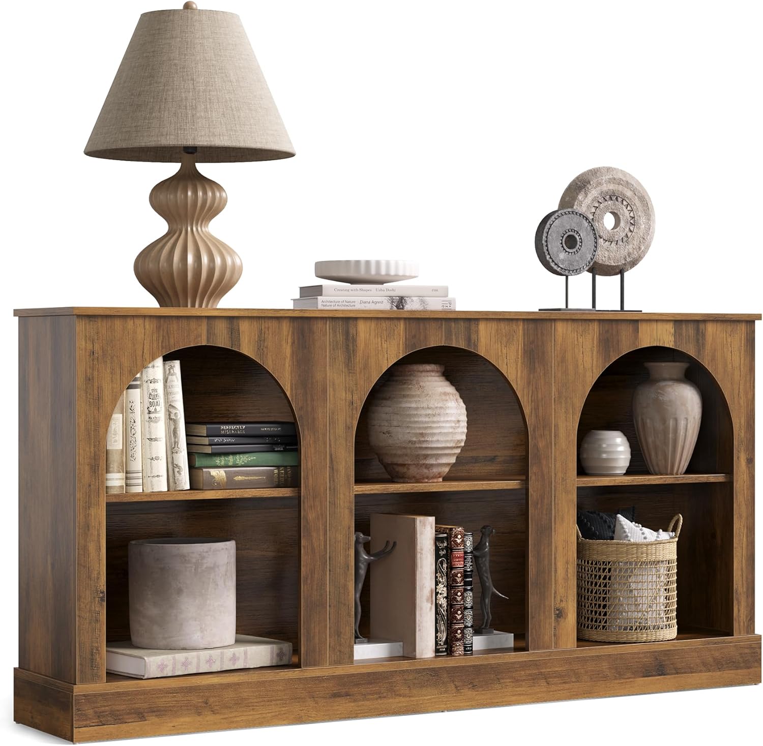 LITTLE TREE 63" Modern Console Sofa Table with 3-Tier Storage, Wooden Rectangular Foyer Table, for Entrance, Hallway, Living Room, Rustic Brown