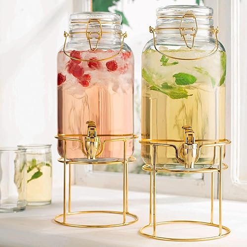 Dispensadores de bebidas para fiestas, paquete de 2 dispensadores de bebidas de 1 galón con soporte, dispensador de bebidas con tapa de vidrio,
