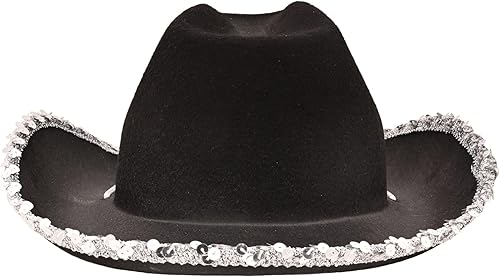 Miniatura 2 de Beistle Sombrero de vaquera de fieltro negro con piedras preciosas, ribete de lentejuelas y cordón de barbilla para baile cuadrado, accesorios de