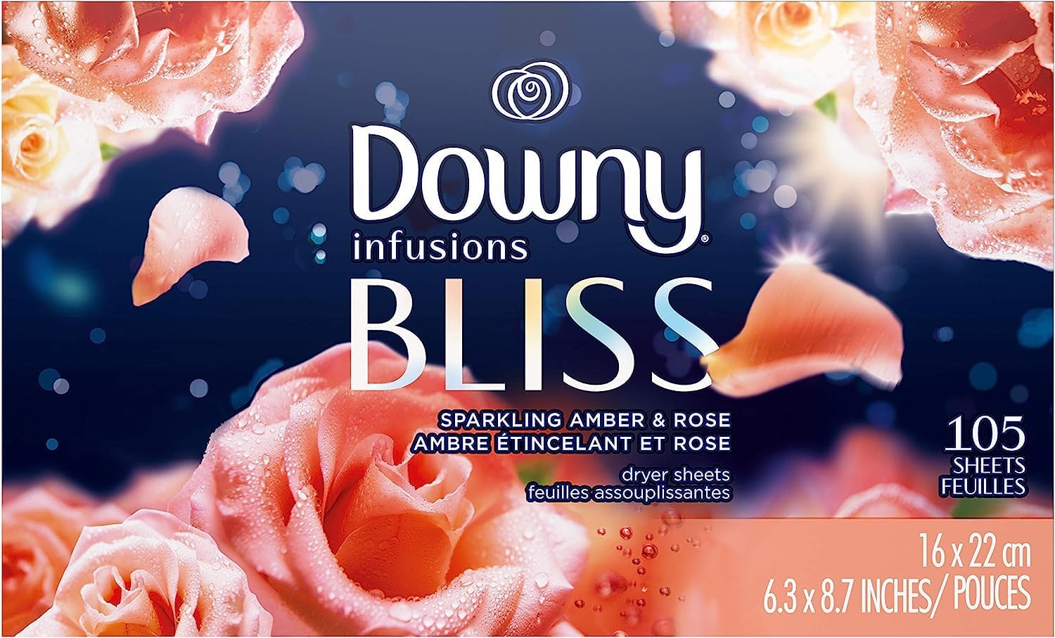Downy Infusions Fabric Softener Dryer Sheets, Bliss, Sparkling Amber & Rose, 105 Sheets (Pack of 1)