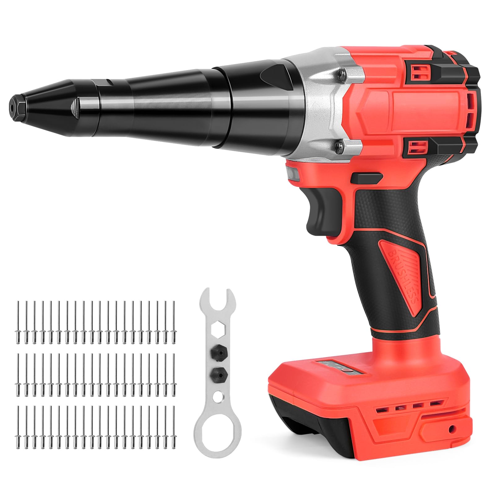 Battery Rivet Gun Compatible with Milwaukee M 18V Battery (No Battery), Professional Brushless Electric Rivet Pliers with LED Light, 3 Adapters, 60 Rivets and Wrenches for