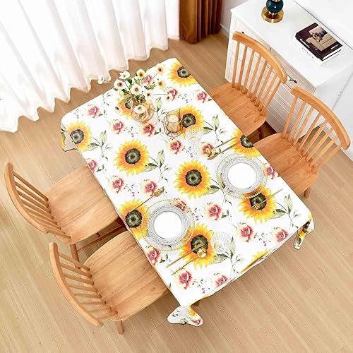 Miniatura 7 de Mantel de girasol impermeable de 60 x 104 pulgadas, mantel floral de vinilo con reverso de franela para mesas rectangulares, comedor de primavera y