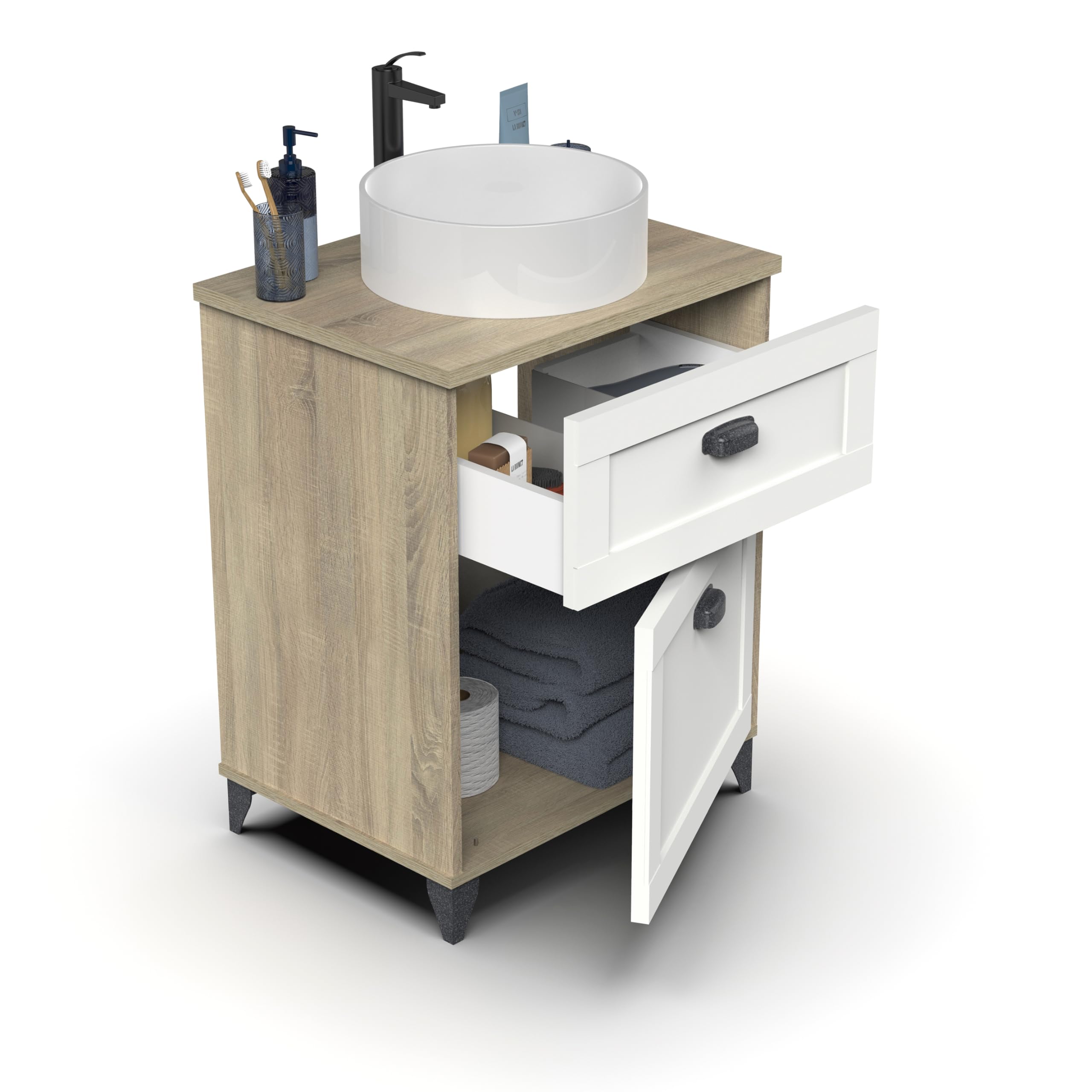 Muebles Pitarch | Mobile da bagno con lavabo in ceramica incluso, 60cm, con piedi, cassetto ,1 porta, per lavabo da appoggio, Bianco e Rovere , Vintage, modello Toscana