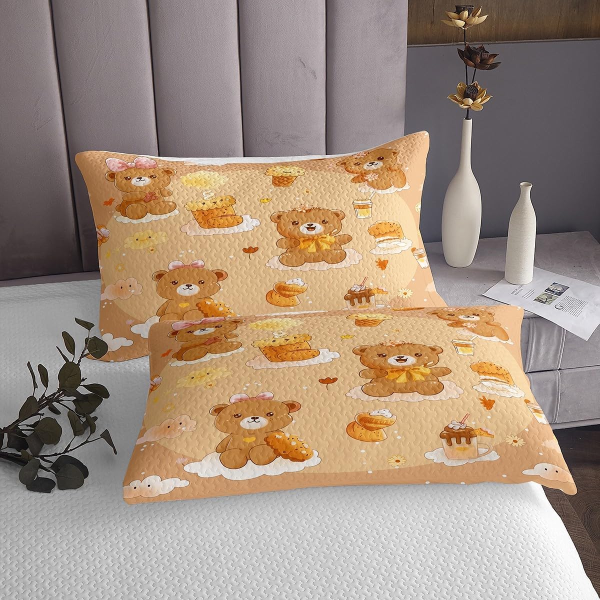 Homewish Cute Bear Bedspread Twin Size,Daisy Flower Dessert Juice Bedding Set for Kids Boys Girls Room Decor,Cloud Polka Dot Fantasy Quilt 2Pcs,Brown Cartoon Animal Soft Coverlet Set,1 Pillowcase