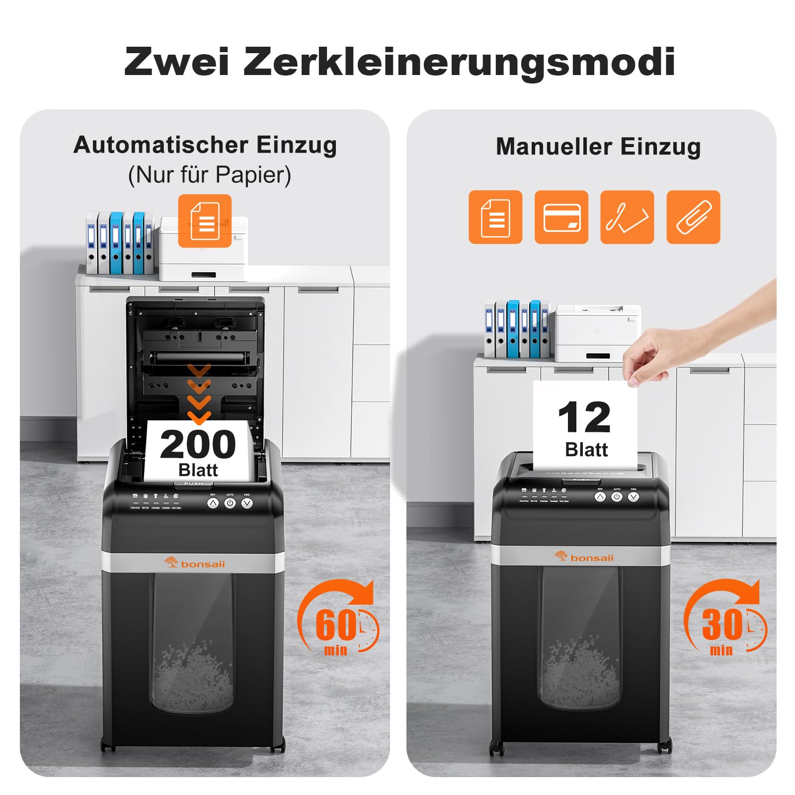 Bonsaii Aktenvernichter mit automatischem 200-Blatt-Einzug, 60 Min Dauerbetrieb, DIN P-4 Mikroschnitt, 31L herausziehbarer Behälter, leise (58 dB) & energiesparend – ideal fürs Büro, C283 | leiser ≤58dB mit 60 Min. Dauerbetrieb und 31L Behälter für Büro u