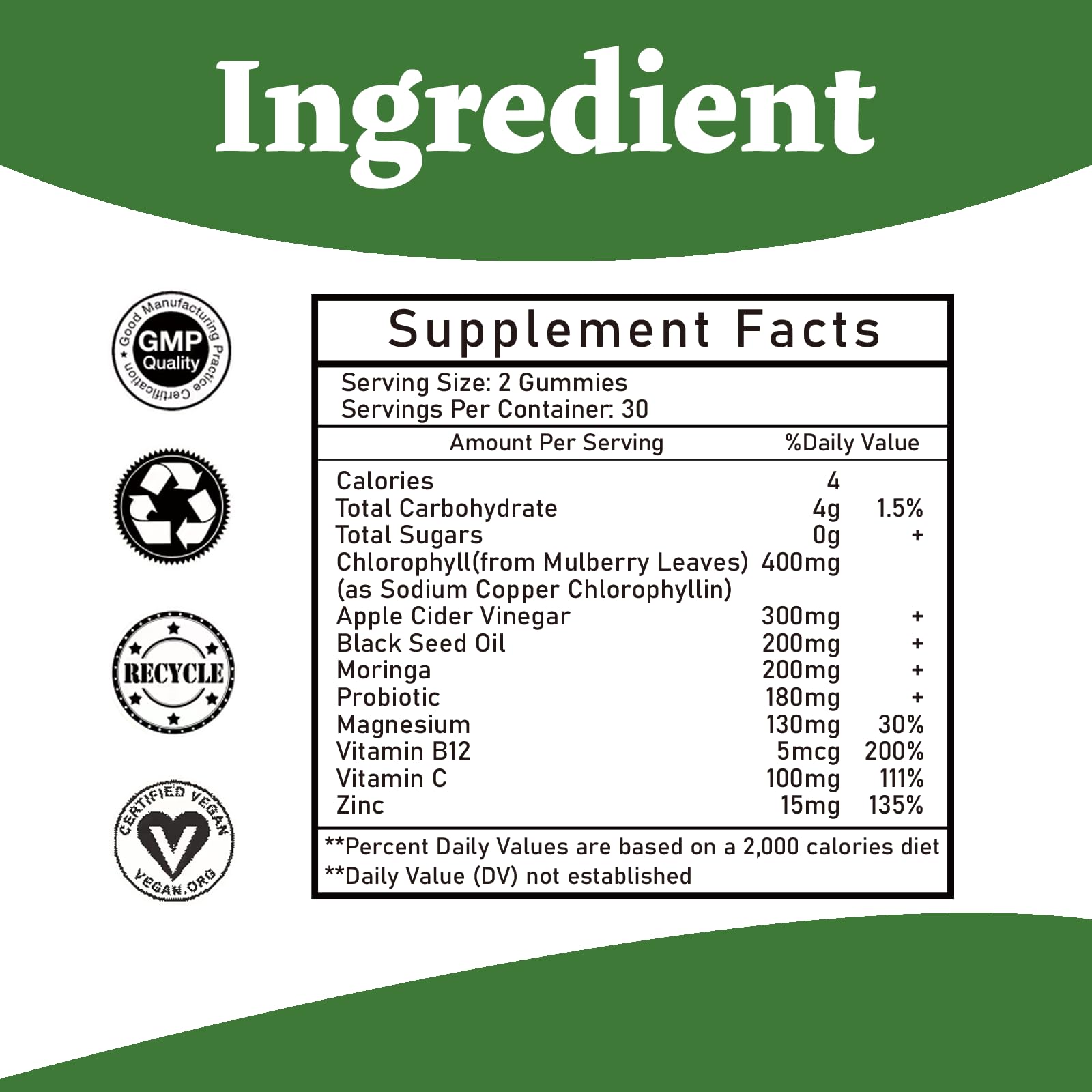 Chlorophyll-Gummibärchen Gummi 60 Stück, 400 mg für Verdauung und Darmgesundheit