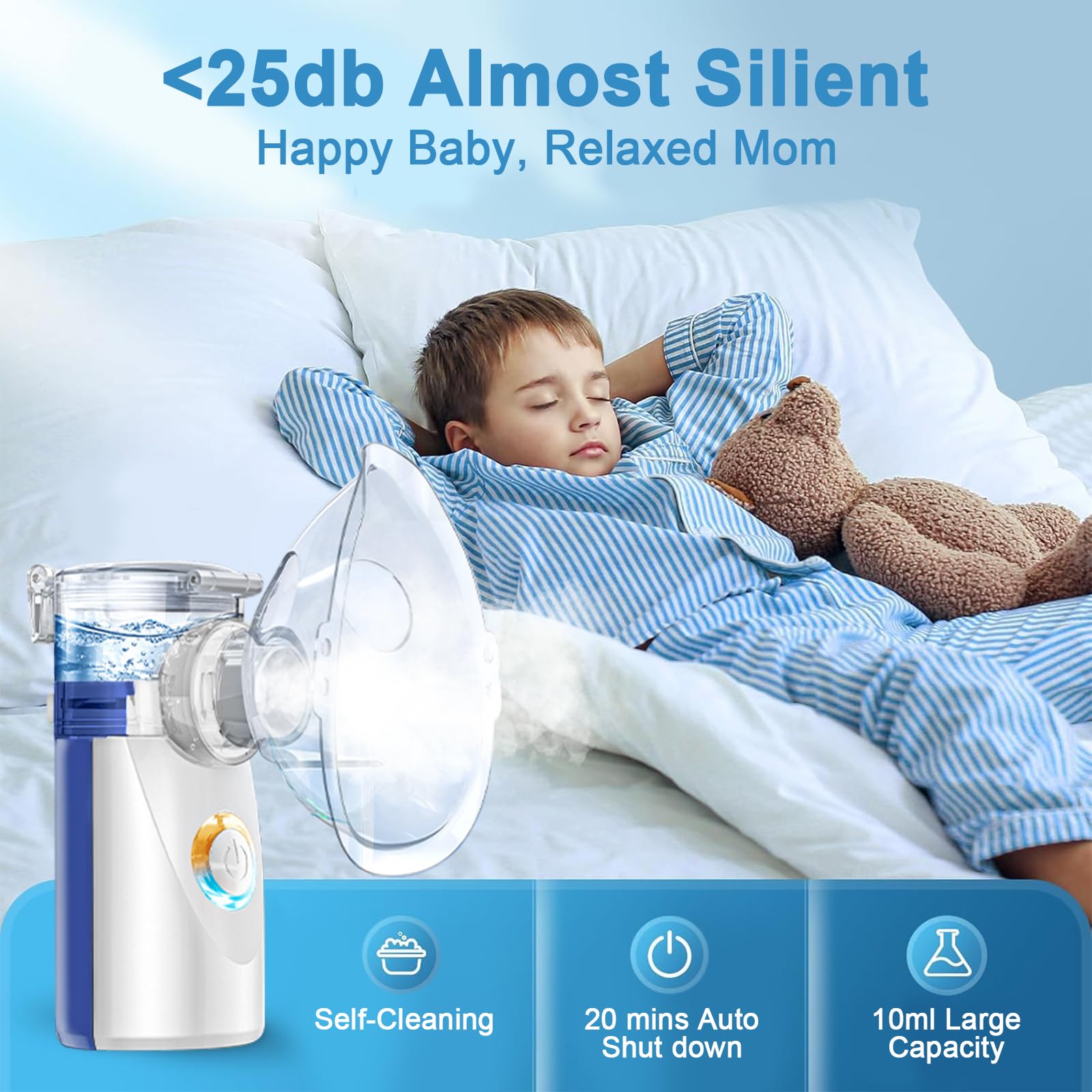 Aerosol Portatile Silenzioso, Wholede Macchina Aerosol per Adulti e Bambini, Aerosol Ultrasuoni con 2 Maschere E Boccaglio, 2 Modalità Regolabili, USB-C Ricaricabile(Blu)