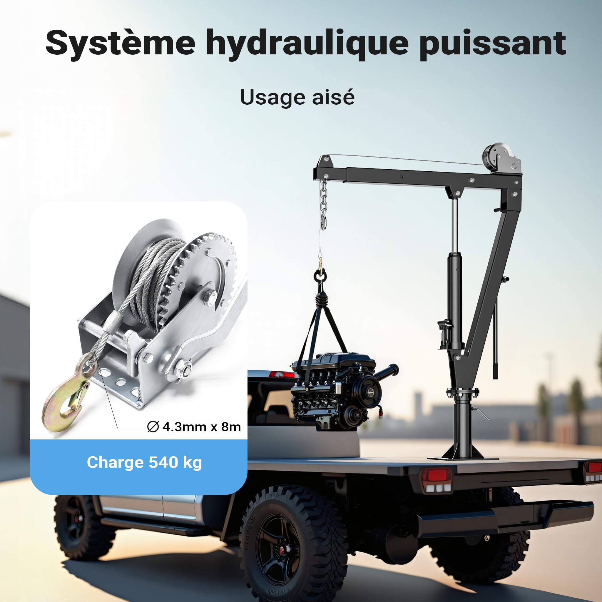 Wiltec Grue de levage de pick-up – Capacité de charge max. de 900 kg – Chèvre mécanique d'atelier avec Socle massif Bras pivotant à 360° et Treuil – Ancrage Fixation au sol et Remorque