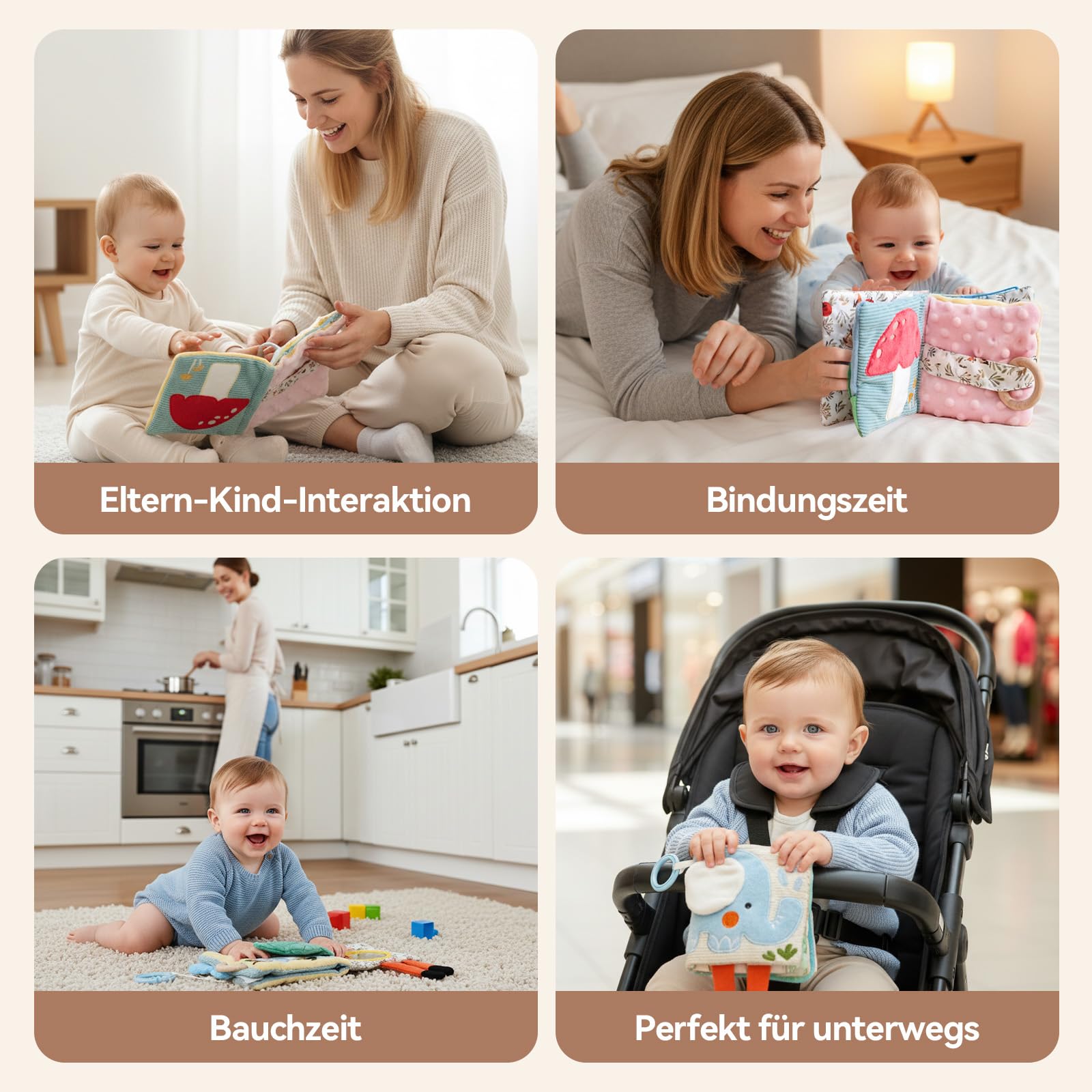 WOODEN TEETHER Livre de bébé en tissu avec miroir, jouet pour bébé de 0 à 6 mois - Livre sensoriel interactif - Livre d'or crépitant pour bébé - Cadeaux pour nouveau-né - Éléphants