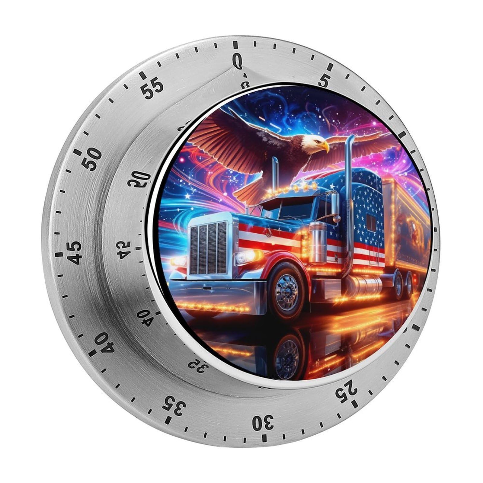 American Flag Truck Bald Eagle Patriotic 60 Minute Wind Up Timer,Visual Mechanical Magnetic Timer with Loud Alarm for Kitchen