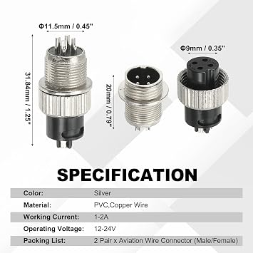 PATIKIL 2 Set Aviation Connector Plug 4 Pin Metal Male Female Panel 12mm