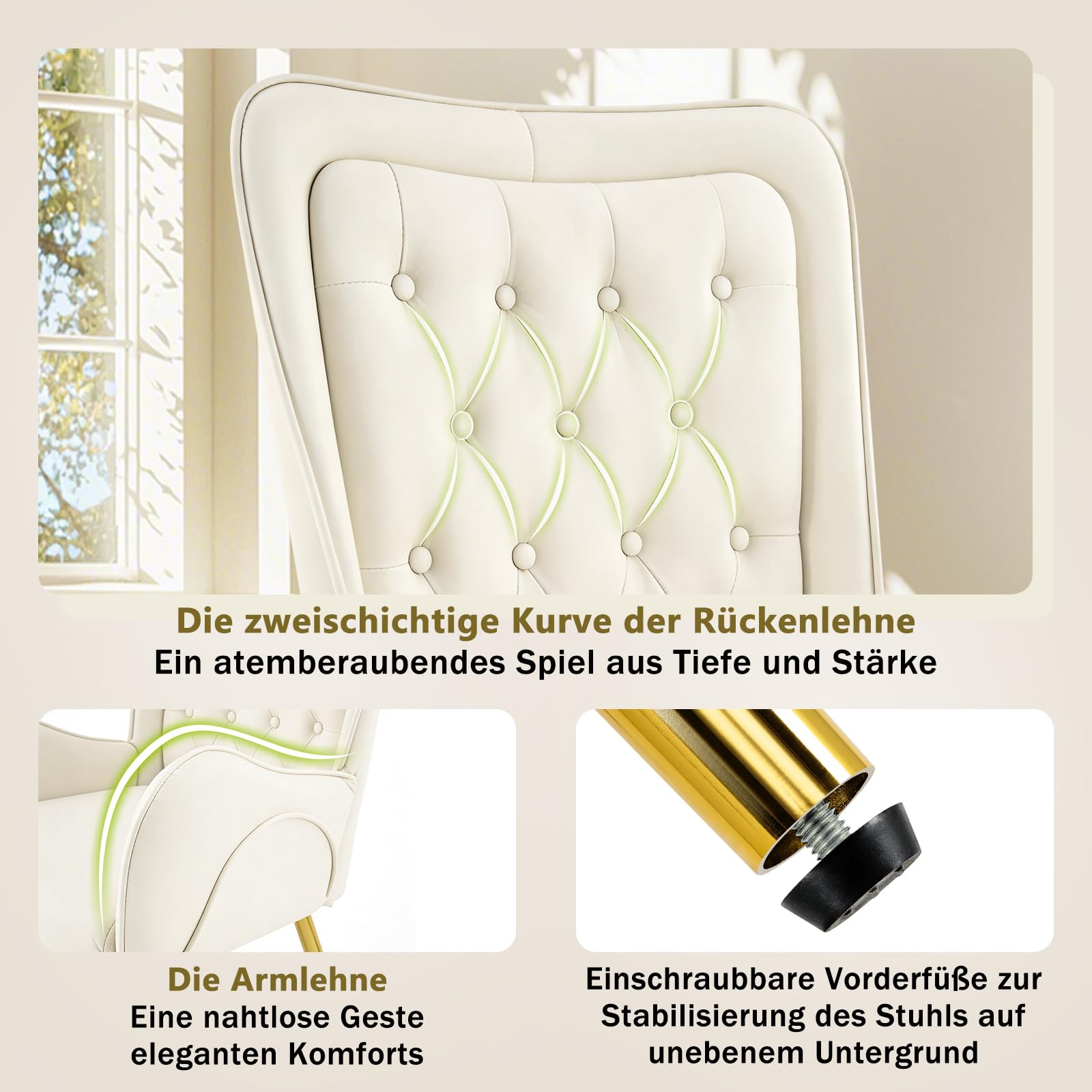 Hellove 2er Set Ohrensessel mit doppellagiger Rückenlehne – Wählbar: Samt oder Kunstleder – Bequemer Polsterstuhl mit goldenen Beinen – Skandinavischer Relaxsessel für Wohnzimmer, Beige