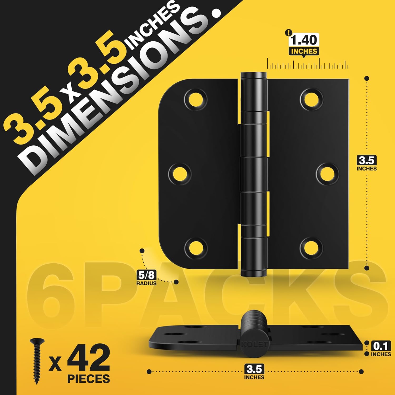 KOLET Ball Bearing Door Hinges, 3.5 x 3.5 Inches Black Front Door Hinges, Heavy Duty Stainless Steel Hinges, Square and 5/8'' Radius Corner, Smooth and Quiet, Non Removable Pin, Matte Black, 6 Pack