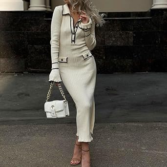 Women's Bodycon Sweater Dress Button V Neck 2025 Long Sleeve Half Slim Fitted Ruffle Ribbed Knit Maxi Pencil Dress