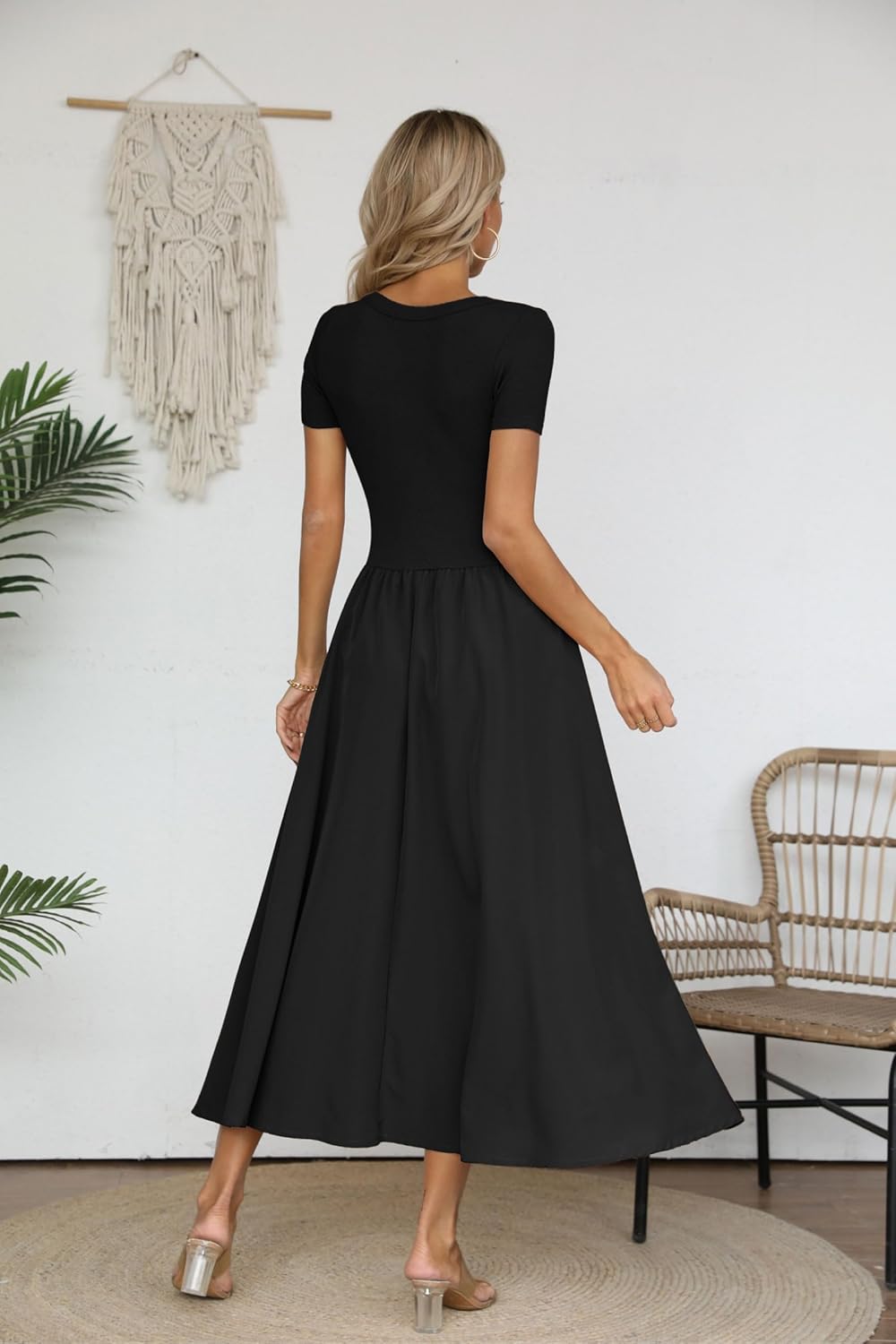 Valiamcep Women's Summer Maxi Dress Square Neck Short Sleeve Casual Flowy Swing Beach Midi Dress - Image 2