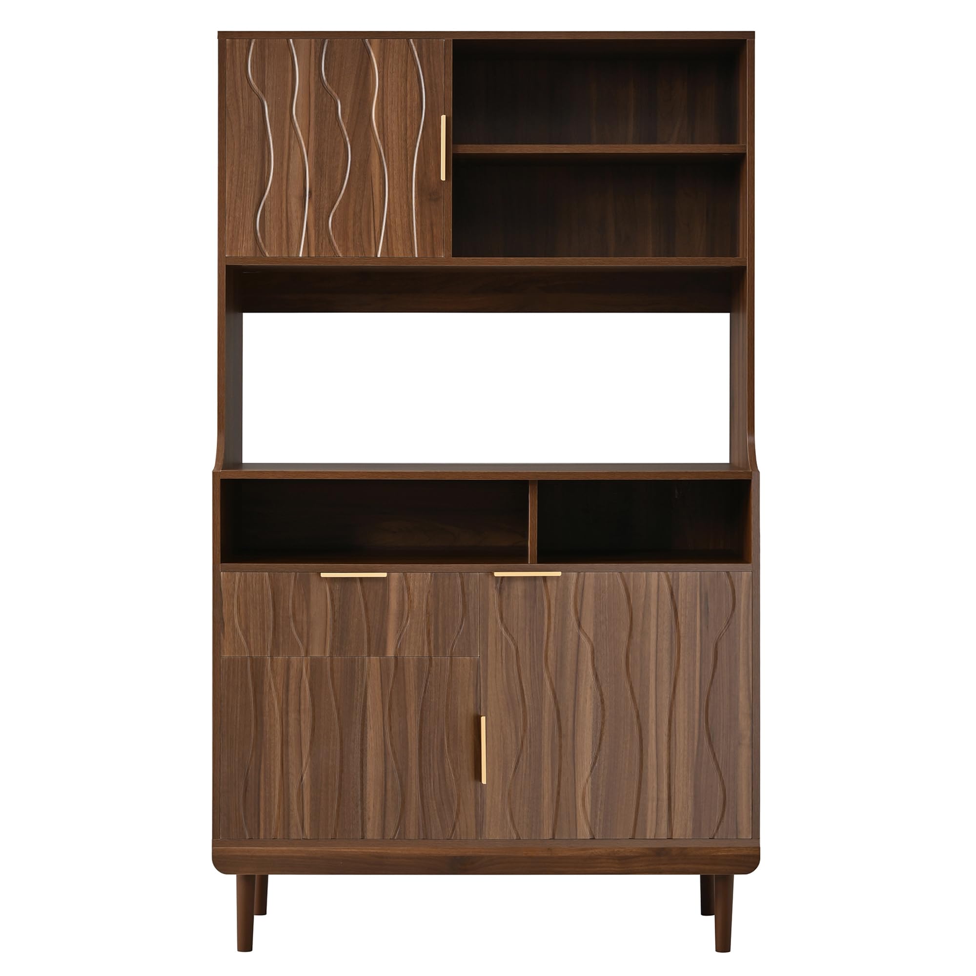 Credenza con cassetto, ante, scaffali aperti, armadietto alto, armadio da cucina, buffet, armadietto portaoggetti, MDF, PB, armadio in legno con piedini in legno massello, noce