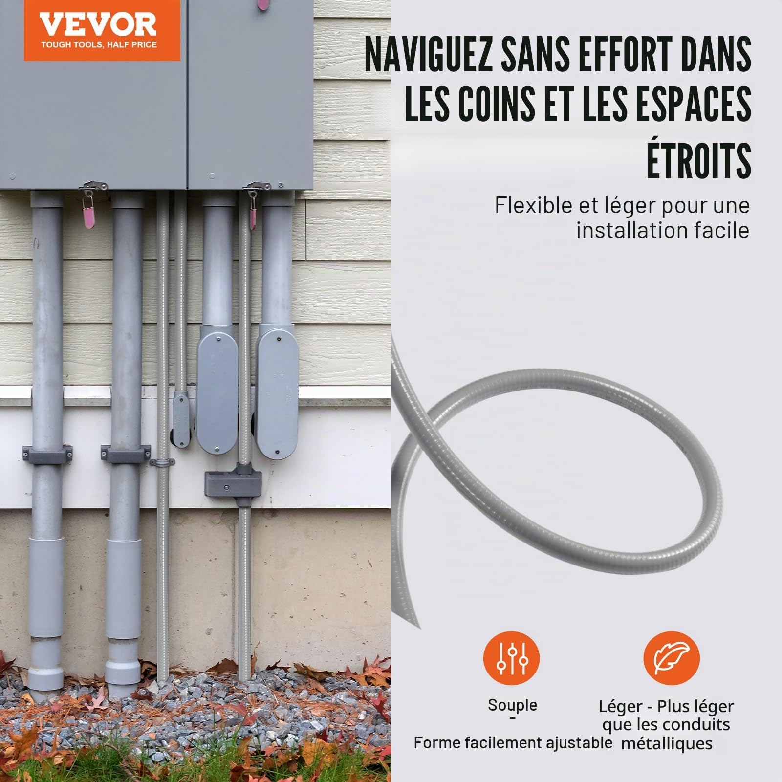 VEVOR Conduit électrique flexible, 12,7 mm, conduit étanche aux liquides en PVC, 30,5 m, non métallique, avec 5 connecteurs 180° et 5 connecteurs 90°, pour pompe contrôleur moteur climatisation, IP65